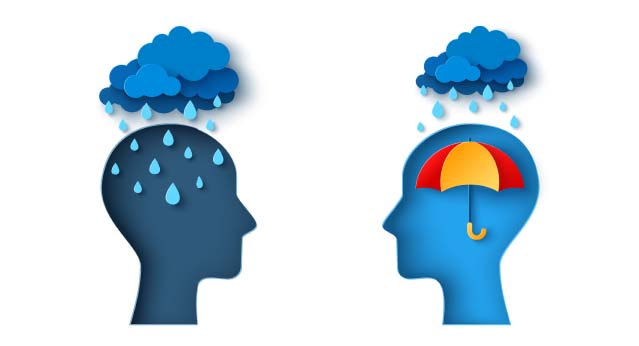 The profile of two people facing each other. Each is being rained on, but one is visualizing an umbrella to symbolize mental fortitude.