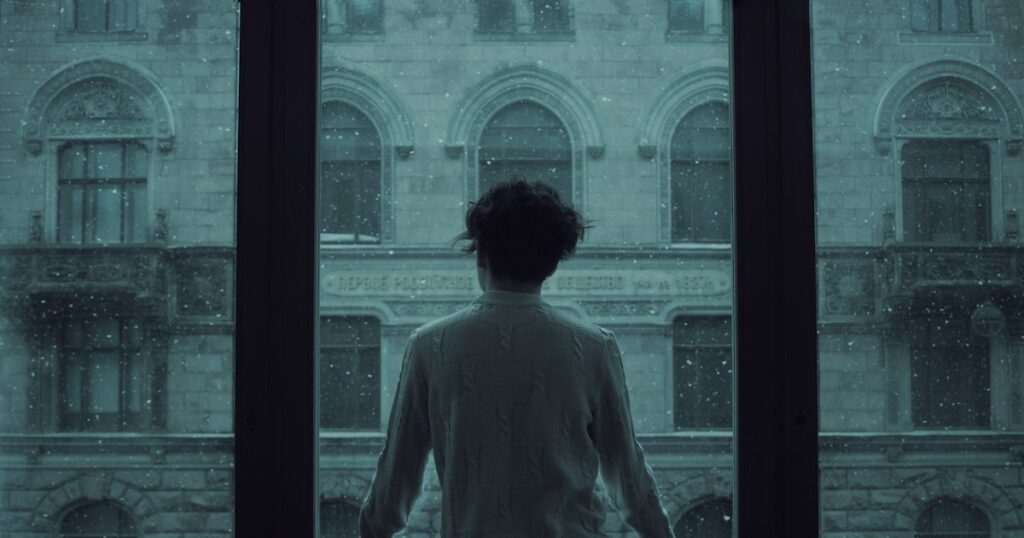 Adult seated alone at a window, reflecting on unanswerable existential questions